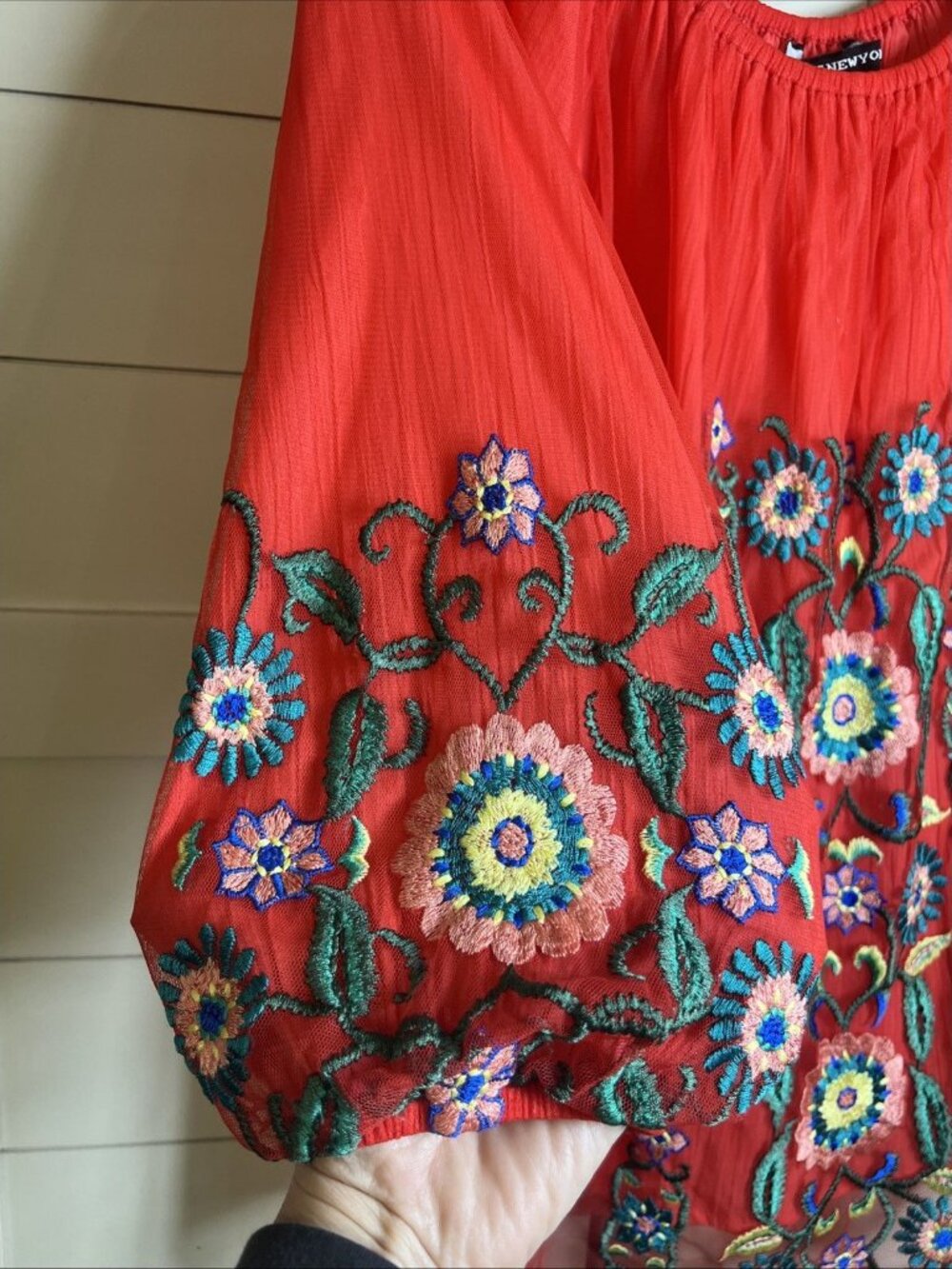 KAS NEW YORK Women's Size M Red Embroidered Floral Bohemian Style Top Blouse - Picture 2 of 10
